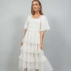 SHOP STEVIE Cream Ruffle Hem Midi Dress